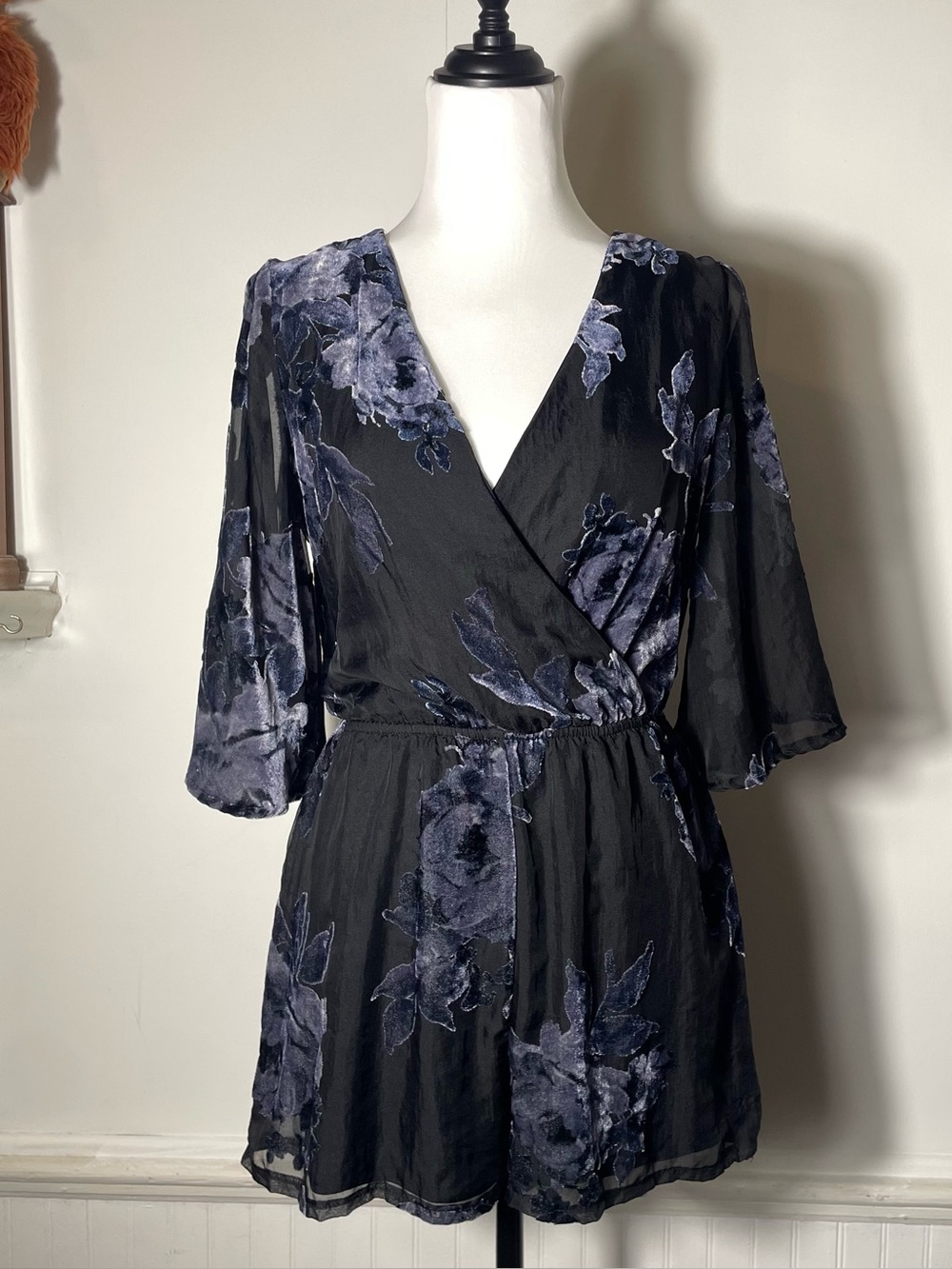 As U Wish - Blue Black Velour Floral Flare 3/4 Sleeve V Neck Romper